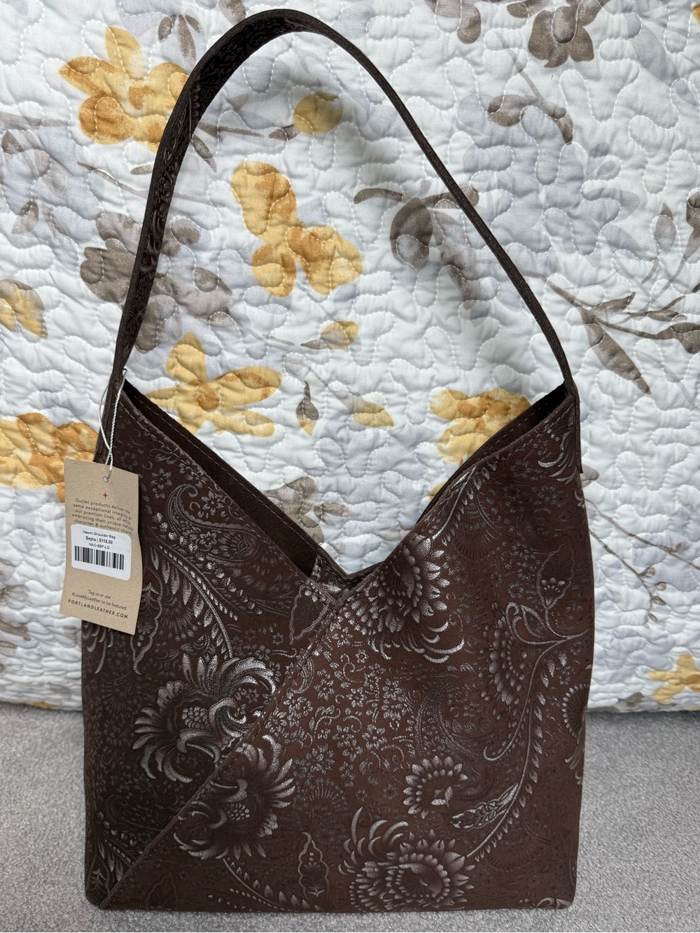 🦄 Portland Leather SEPIA Naomi Brown Gold Embossed Floral Hobo Shoulder Bag NWT